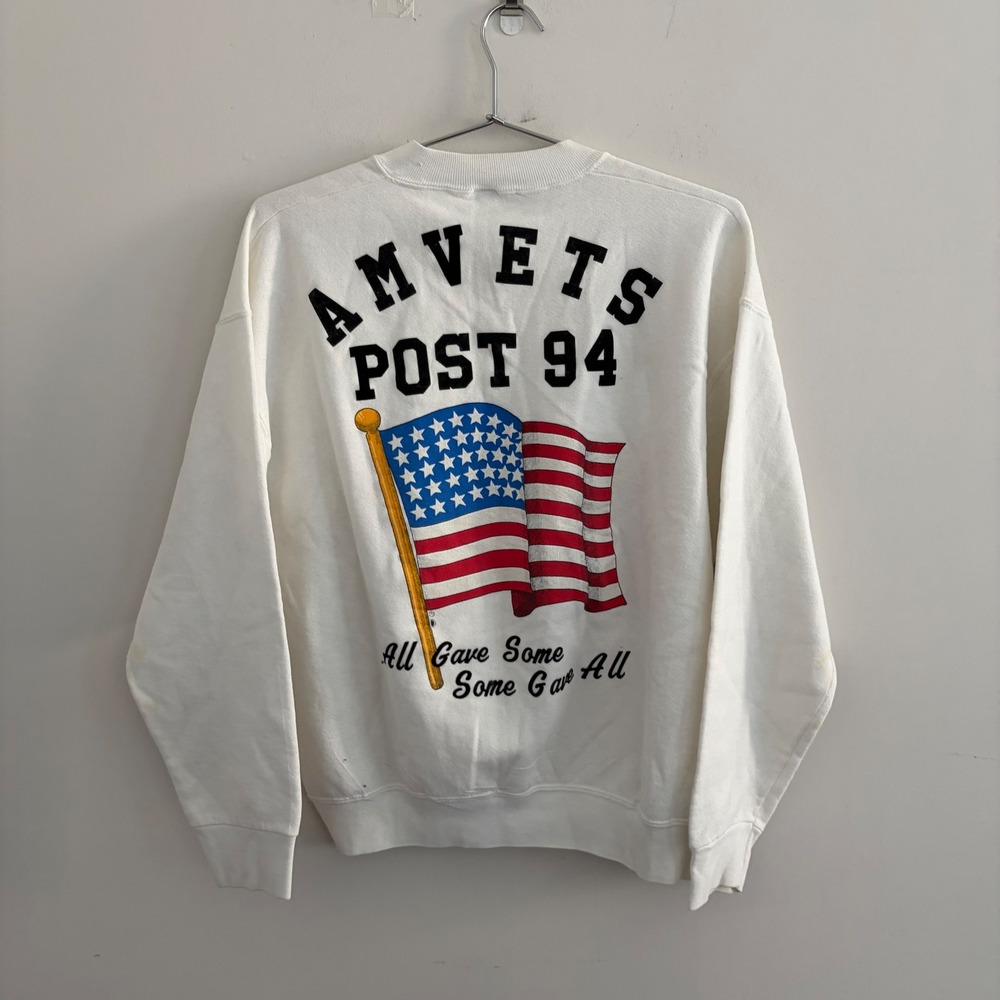 Vintage Fruit of the Loom AMVETS Post 94 American Flag Sweatshirt White Large